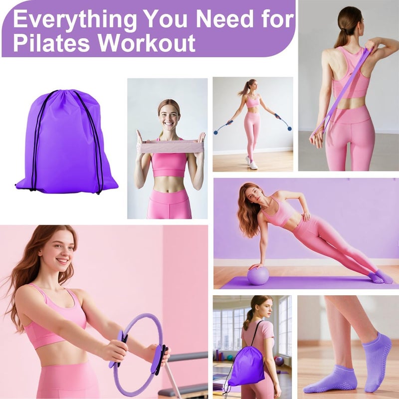 CoreHarmony Pilates Equipment Set for Women, 13-in-1 Home Pilates Workout Kit with 12.9" Ring, 9.8" Ball, 4 Fabric Resistance Loop Bands, Figure-8, Stretch Strap, Cordless Jump Rope, Yoga Socks & Carry Bagh - Image 3